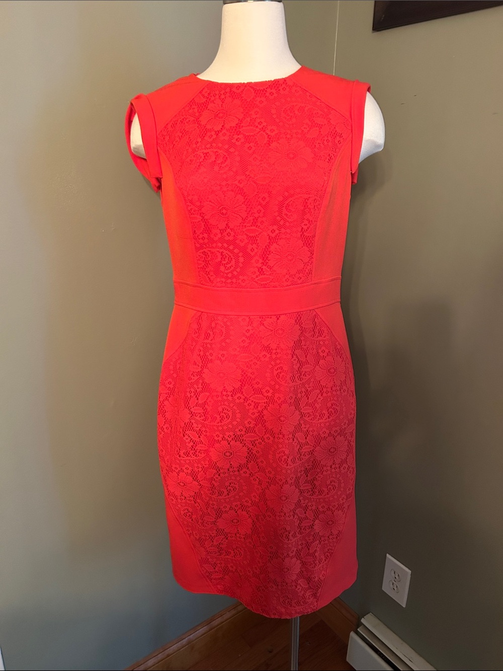 Adrianna Papell Coral Lace-Panel Midi Sheath Dress